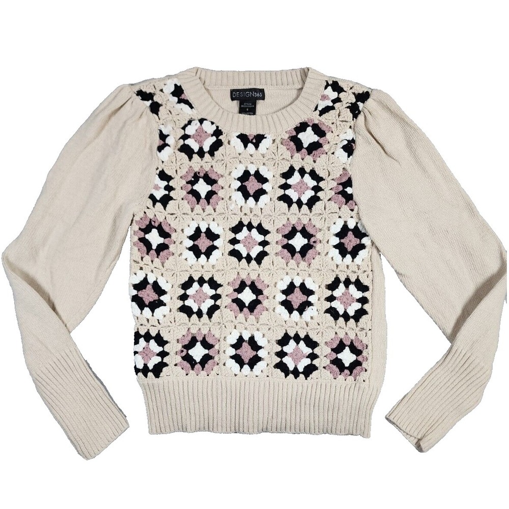 Design 365‎ Sz S VTG Floral Crochet Knit Grannycore Cottagecore Neutral Sweater